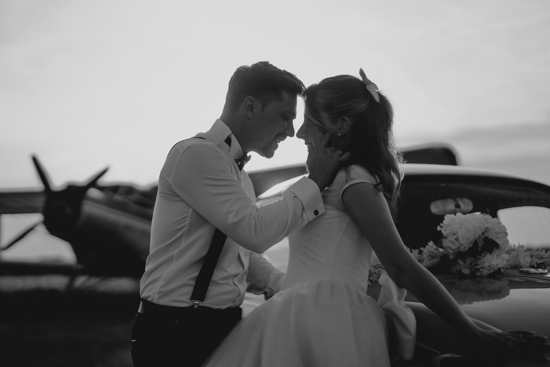 Pre-wedding shoot of a bride and groom  with old timer car